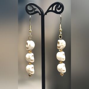 Handcrafted Gold Colored Bead and Cream Skull Earrings